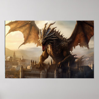 Póster Dragón épico sobre el Poster de la ciudad medieval