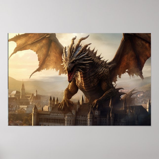 Póster Dragón épico sobre el Poster de la ciudad medieval (Frente)