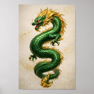 Póster Dragón Esmeralda con Melena Dorada – Bestia Mítica