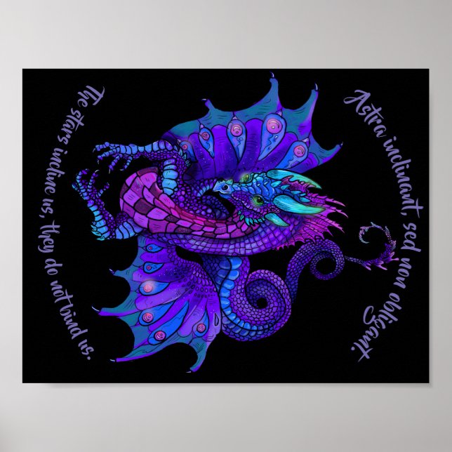 Póster Dragón estilo Art Nouveau azul y púrpura (Frente)