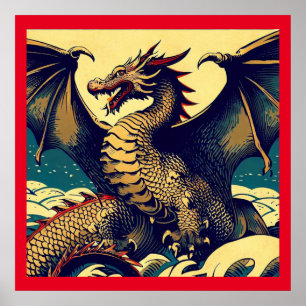 Póster Dragón europeo de fantasía - Woodcut 1