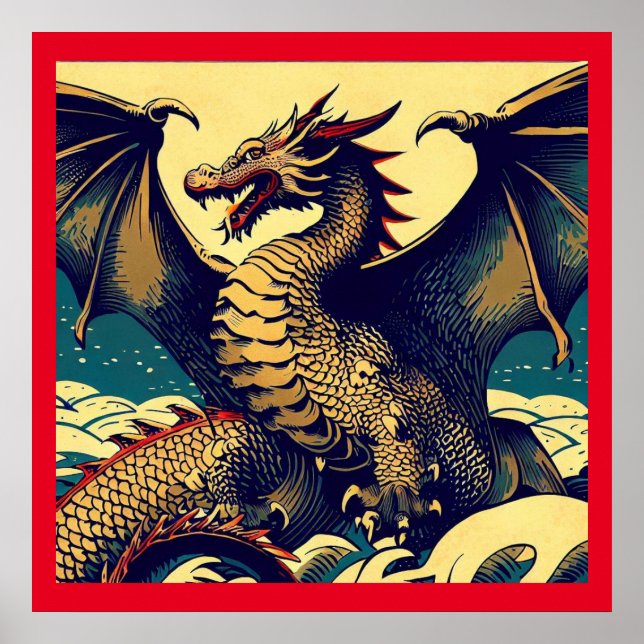 Póster Dragón europeo de fantasía - Woodcut 1 (Frente)