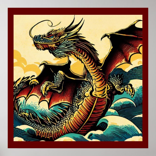 Póster Dragón europeo de fantasía - Woodcut 2 (Frente)