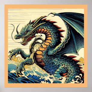 Póster Dragón europeo de fantasía - Woodcut 4