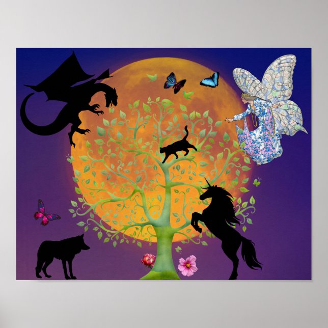 Póster Dragon Fairy Unicorn Fantasy Tree and Full Moon  (Frente)
