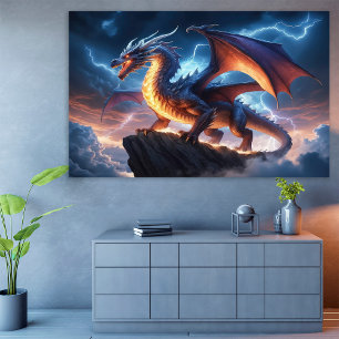 Póster Dragon Fantasy Cliff Lightning Poster
