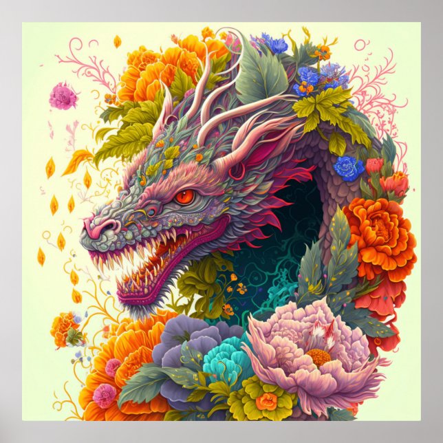 Póster Dragón floral colorido (Frente)