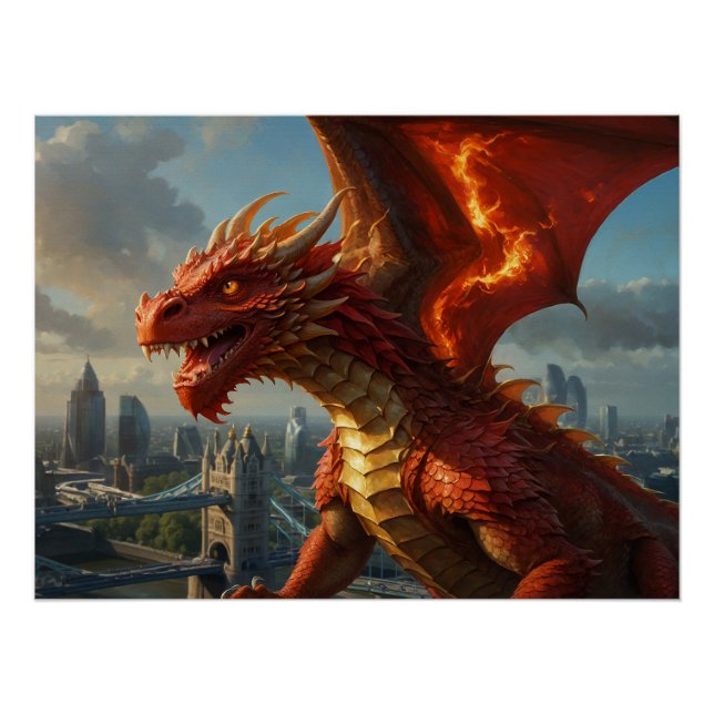 Póster Dragón galés rojo aterroriza Londres (Anverso)