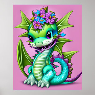 Póster Dragón infantil morado y verde