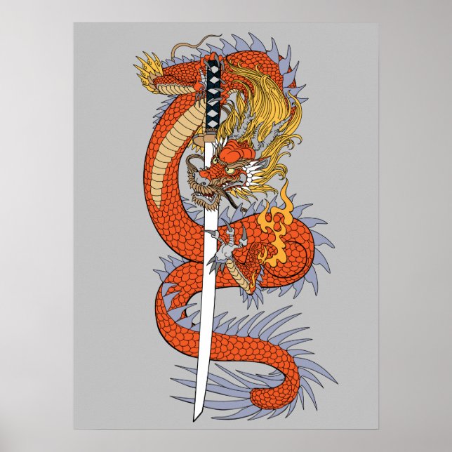 Póster Dragón japonés con poster de espada katana (Frente)