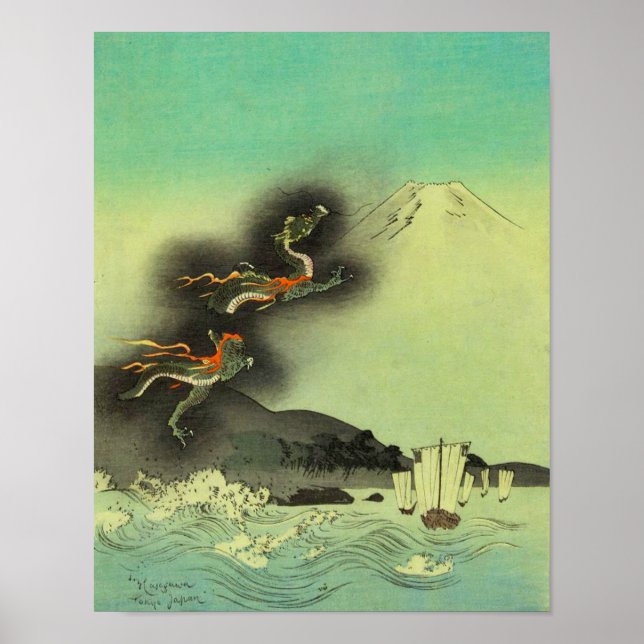 Póster Dragón japonés y el Monte Fuji (Frente)