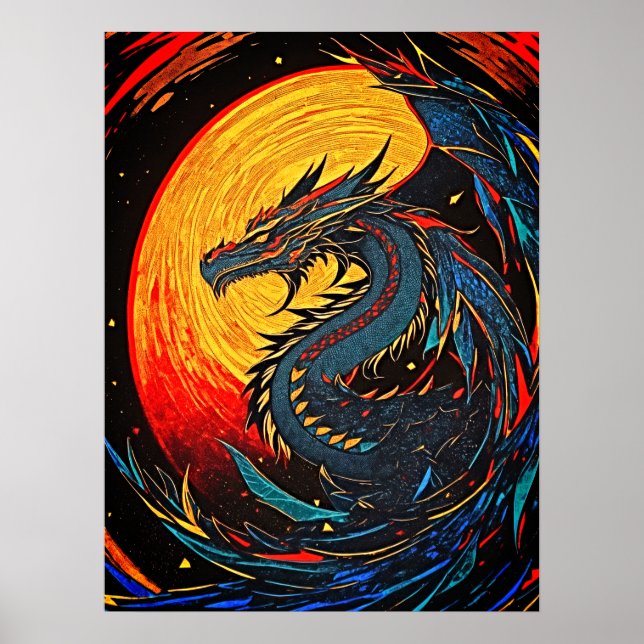 Póster Dragón majestuoso iluminado por luna - Poster de a (Frente)