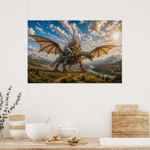 Póster Dragón Mecánico que Lleva una Ciudad de Castillo S