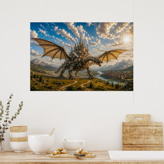 Póster Dragón Mecánico que Lleva una Ciudad de Castillo S