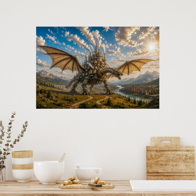Póster Dragón Mecánico que Lleva una Ciudad de Castillo S (Cocina)
