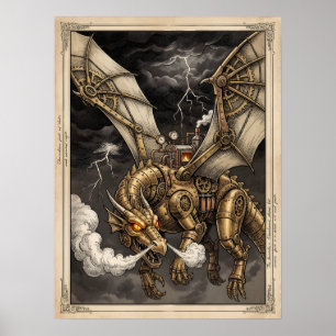 Póster Dragón Mecánico Steampunk Engranajes de Latón Vict