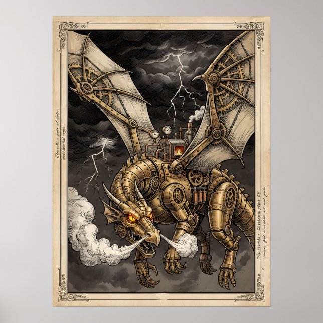Póster Dragón Mecánico Steampunk Engranajes de Latón Vict (Frente)
