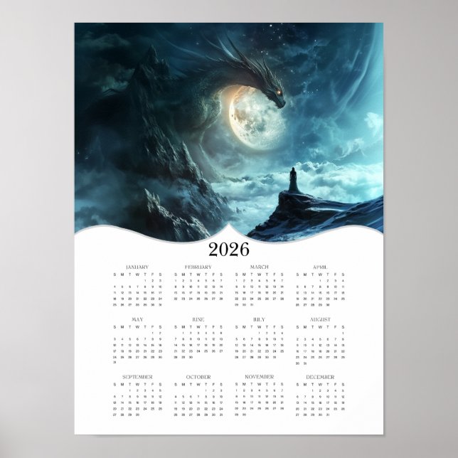 Póster Dragon Moon Fantasy Art de 2026 Calendario de año  (Frente)