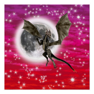 Póster Dragón Negro - Criatura Fantástica Mítica Cielo Ro
