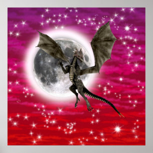 Póster Dragón Negro - Criatura Fantástica Mítica Cielo Ro