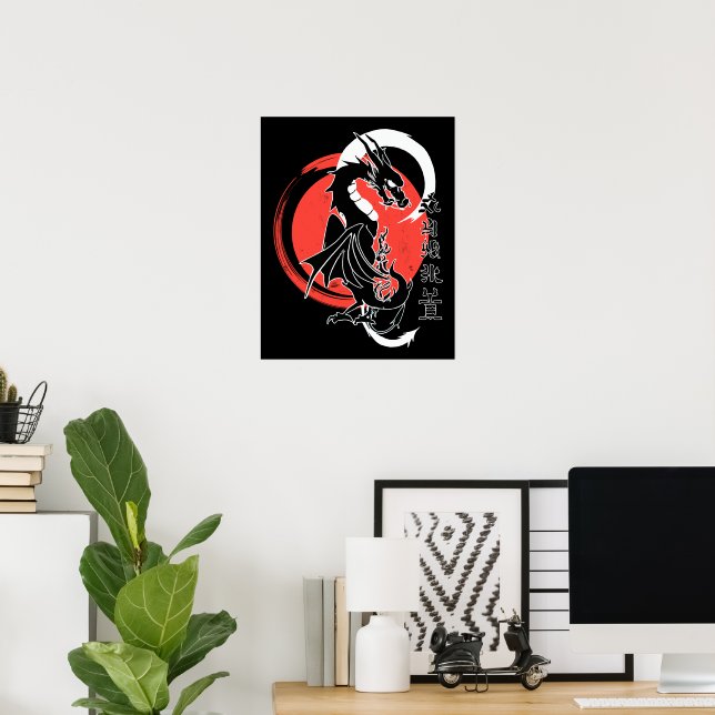 Póster dragón negro, luna roja (Oficina en casa)