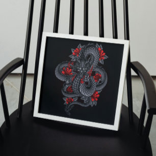 Póster Dragón negro, rosas rojas