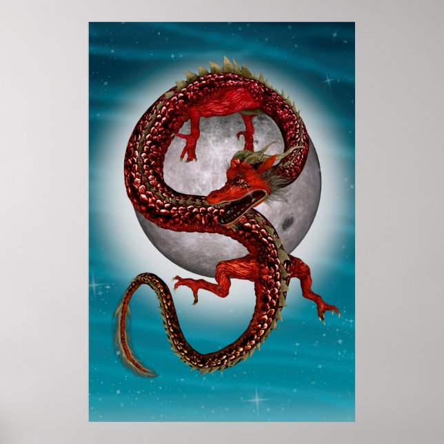 Póster Dragón Oriental Rojo - Criatura Fantástica Mítica (Frente)