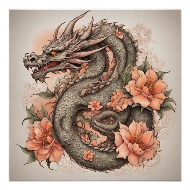 Póster Dragón oriental y flores (Anverso)