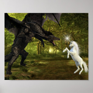 Póster Dragón oscuro contra la batalla de la fantasía de 