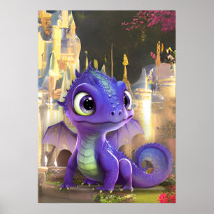 Póster Dragón Púrpura Bebé Y Castillo Medieval De Fantasí