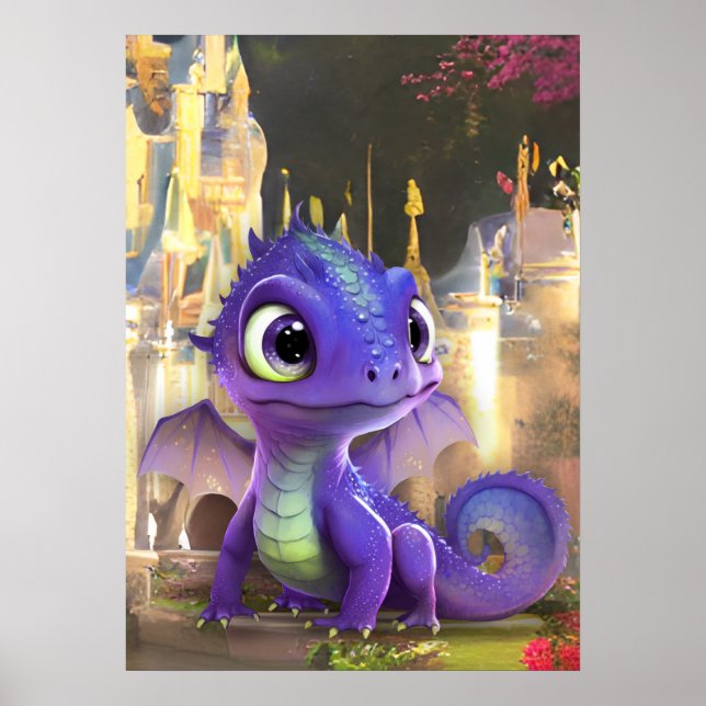 Póster Dragón Púrpura Bebé Y Castillo Medieval De Fantasí (Frente)