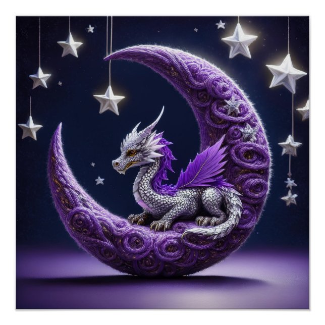 Póster Dragón Púrpura Y Blanco Apoyándose En Una Luna Cre (Anverso)