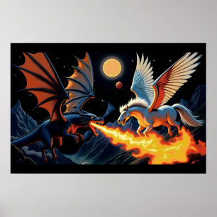Póster Dragón que escupe fuego y Pegasus