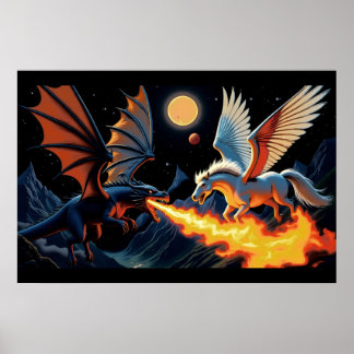 Póster Dragón que escupe fuego y Pegasus