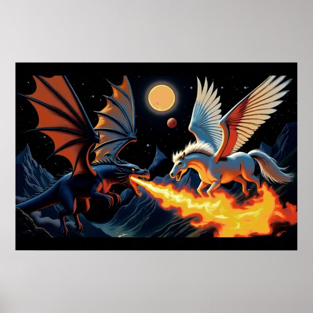 Póster Dragón que escupe fuego y Pegasus (Frente)