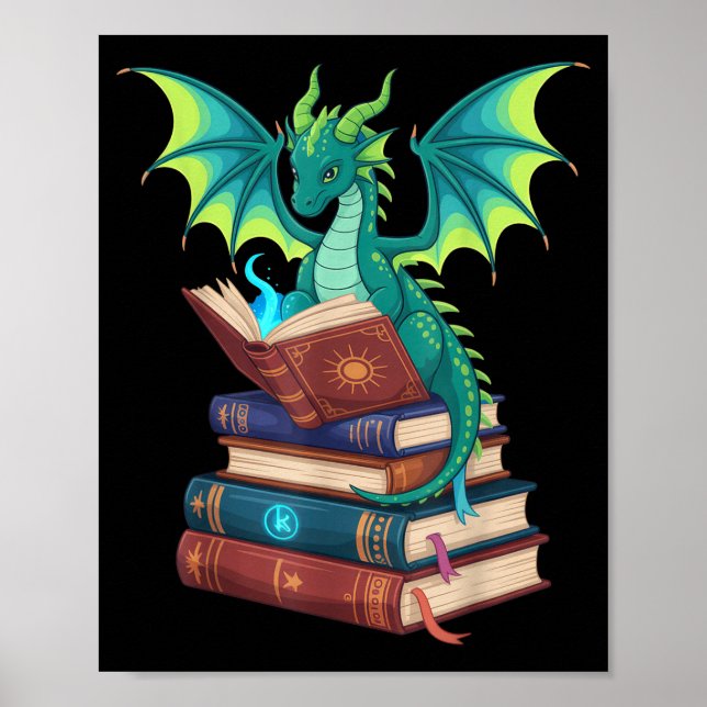 Póster Dragon Reading Books Fantasy Lovers Mythical Creat (Frente)