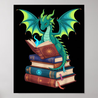 Póster Dragon Reading Books Fantasy Lovers Mythical Creat