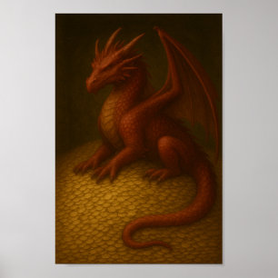 Póster Dragón Rojo en el auricular del oro