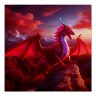 Póster Dragón Rojo Se Perfila En El Pico Crudo De Montaña