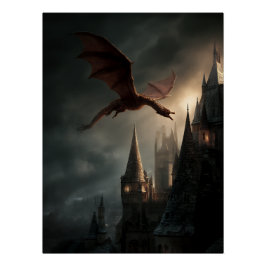 Póster Dragón Rojo Sobre Castillo Gótico