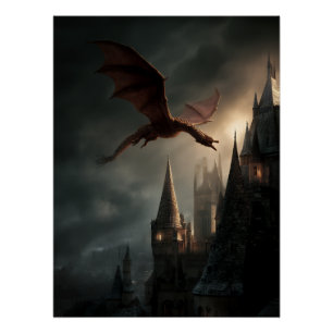 Póster Dragón Rojo Sobre Castillo Gótico