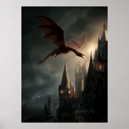 Póster Dragón Rojo Sobre Castillo Gótico
