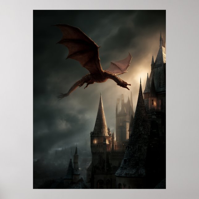 Póster Dragón Rojo Sobre Castillo Gótico (Frente)