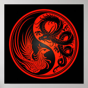 Póster Dragón rojo y negro Phoenix Yin Yang