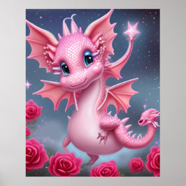 Póster Dragón rosa lindo con flores rosadas