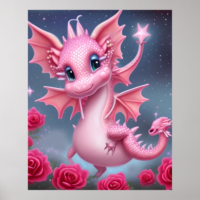 Póster Dragón rosa lindo con flores rosadas (Frente)