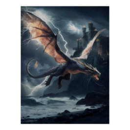Póster Dragón sobre el castillo.