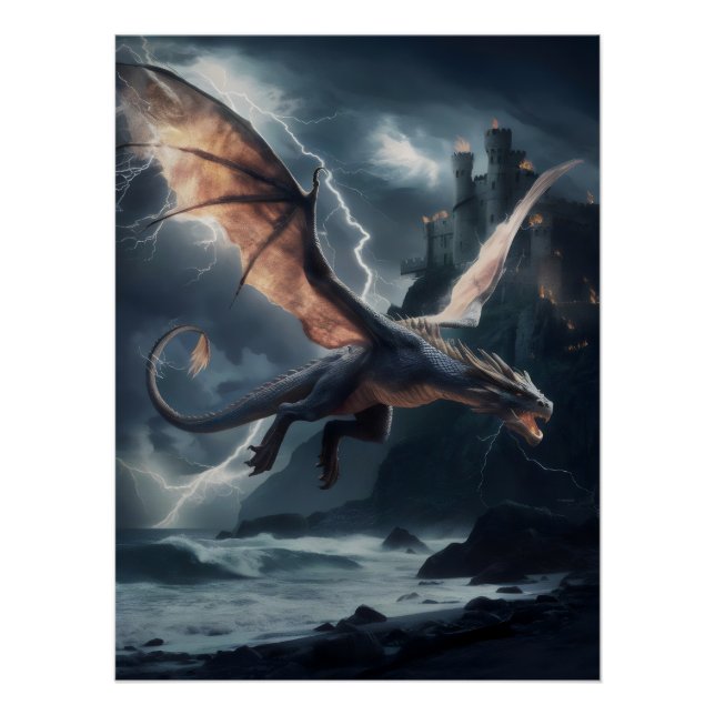 Póster Dragón sobre el castillo. (Anverso)