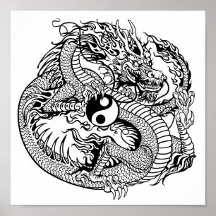 Póster dragón sosteniendo yin yang