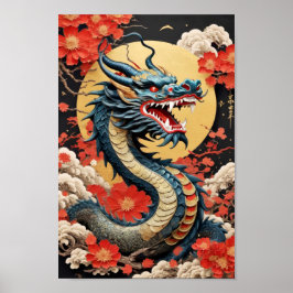 Póster Dragón tradicional chino bajo la luna